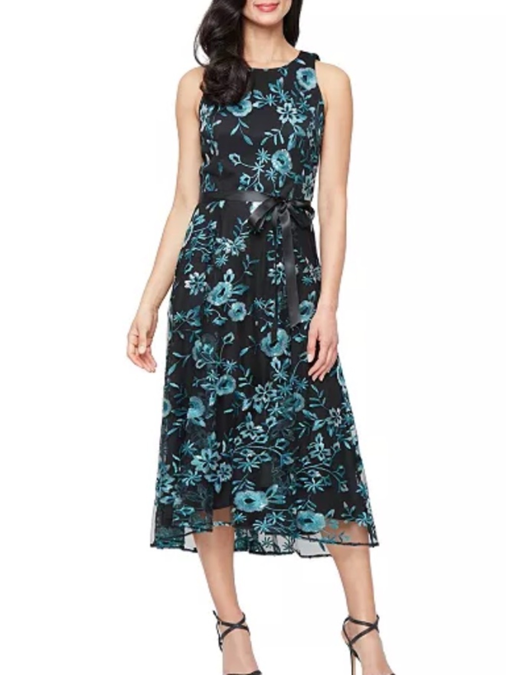 Alex Evenings Black Teal Embroidered Floral Tulle Midi Dress Size 6 NWT